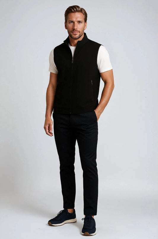 Men's Black Zip-Up Vest - Stand Collar & Pockets