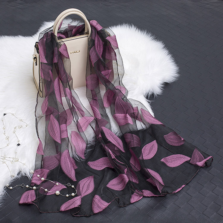 Silk Organza Floral Scarf - Hollow Cutout Elegant Women Shawl