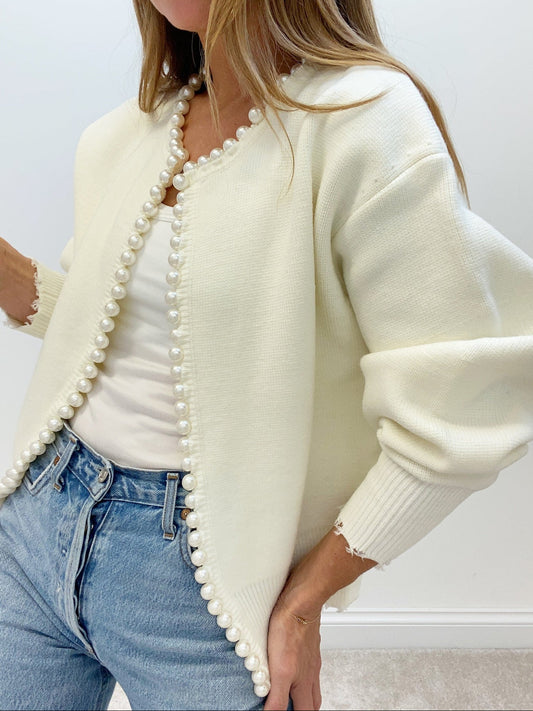 Pearl Button Knit Cardigan with Distressed Hem