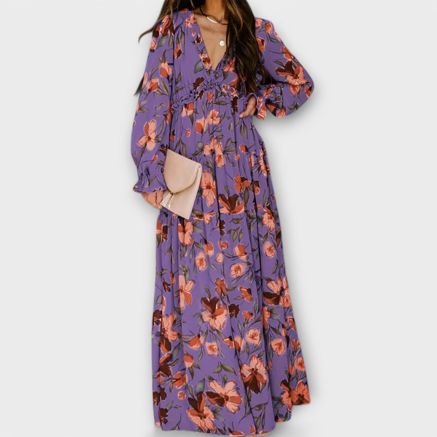 Women’s Floral Chiffon Maxi Dress with Ruffle Neck