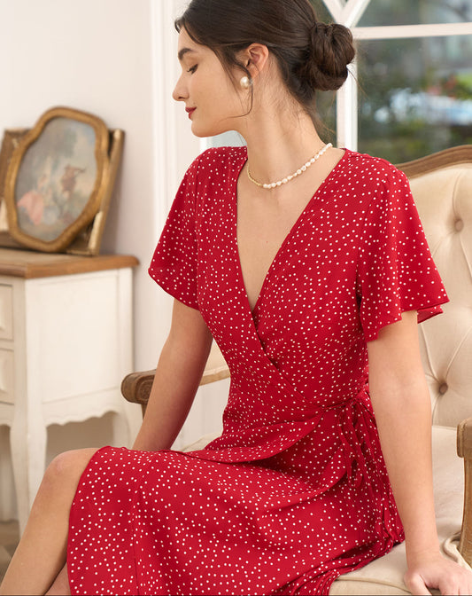 Polka Dot Ruffle Wrap Dress for Women
