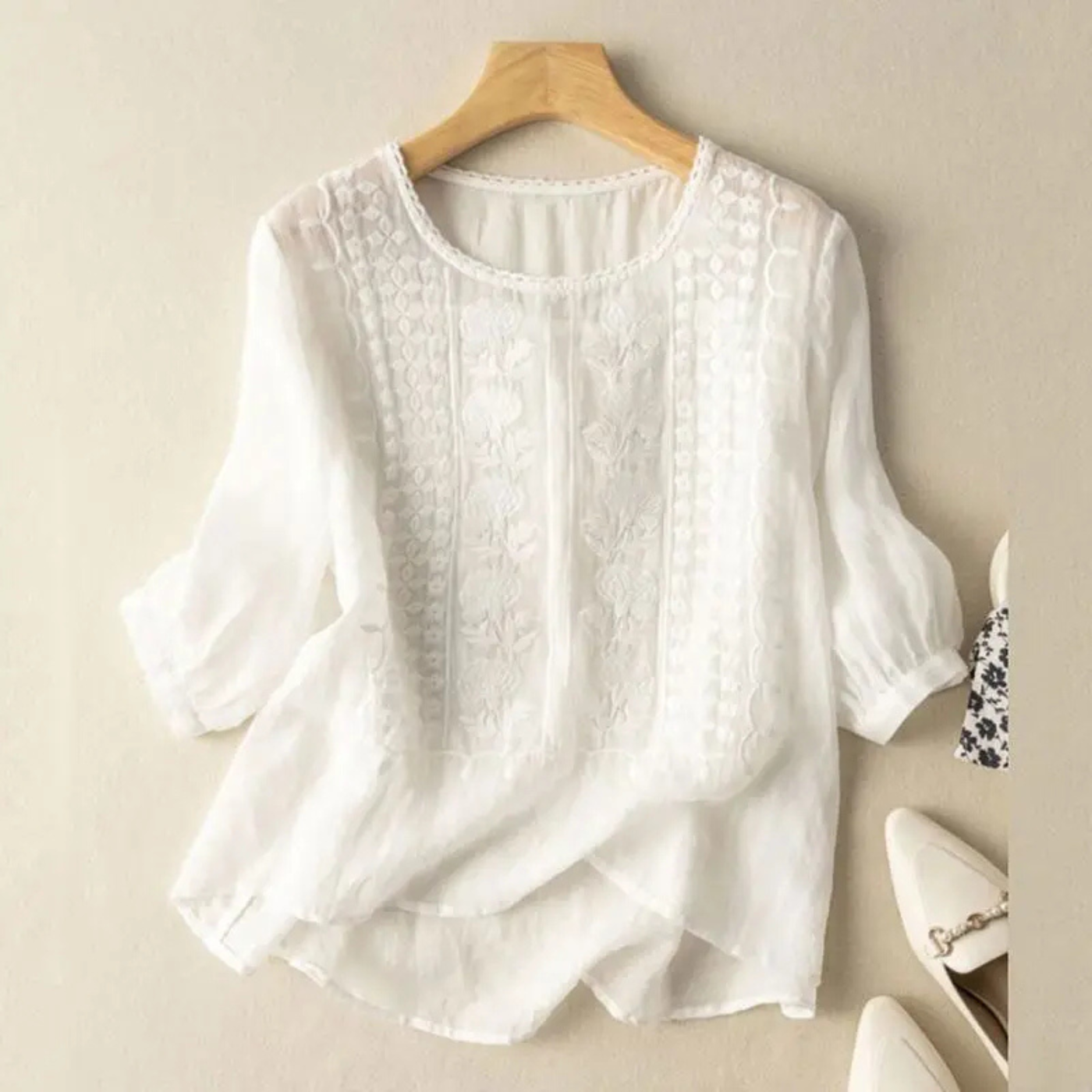 Women’s Embroidered Cotton Blouse with 3/4 Sleeves