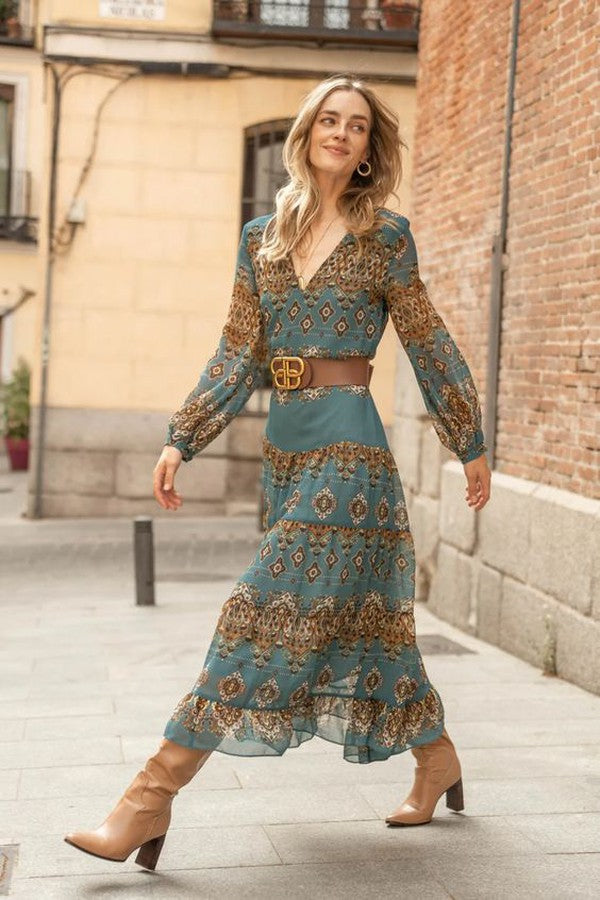 Women’s Boho Chiffon Midi Dress with Puff Sleeves