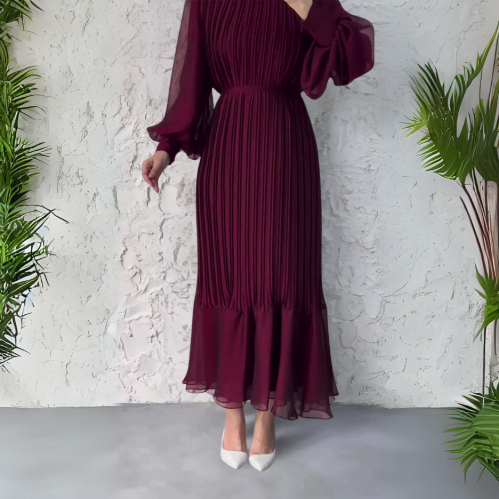 Women’s Pleated Chiffon Maxi Dress with Bishop Sleeves