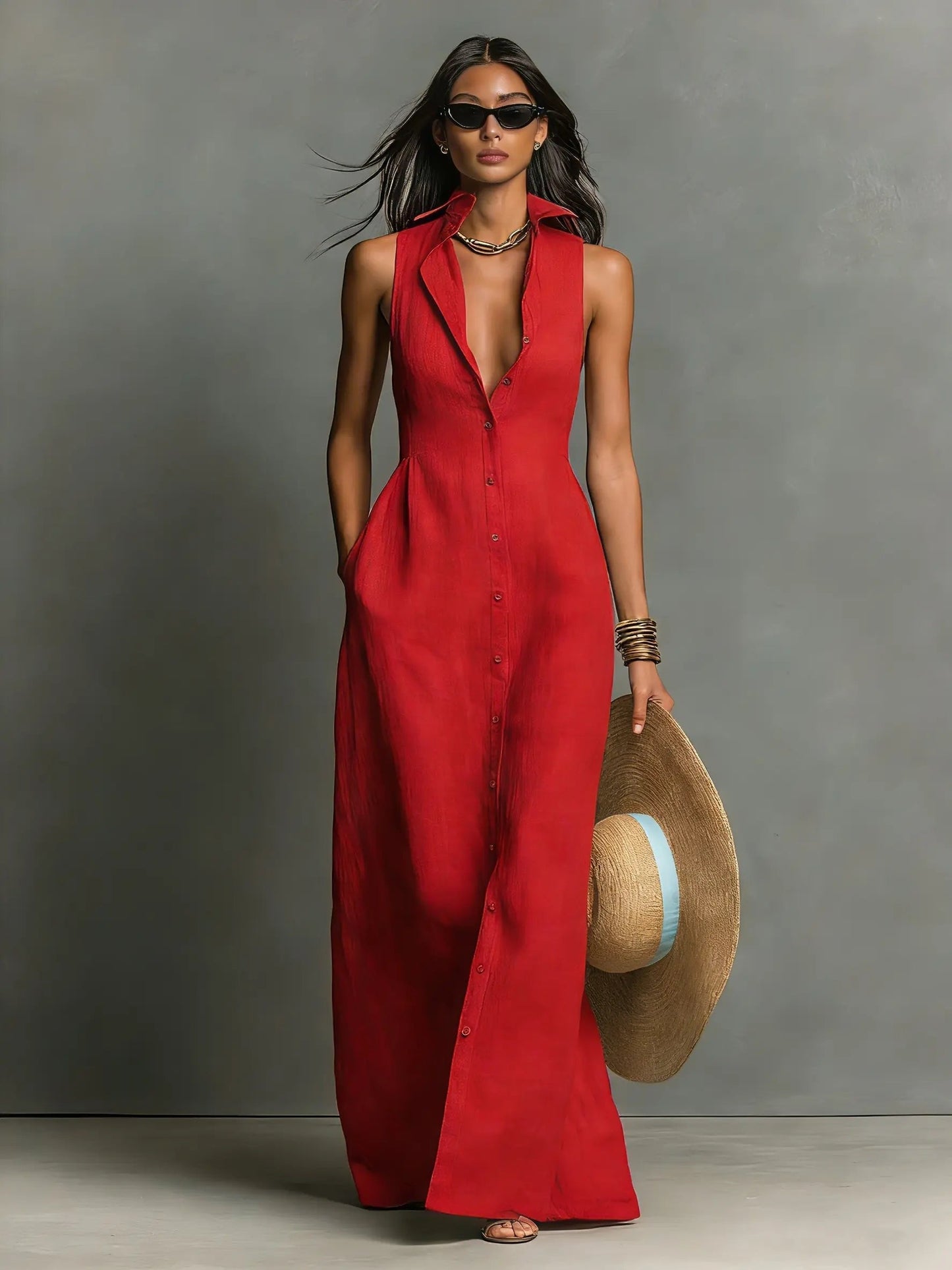 Women’s Sleeveless Linen Blend Maxi Shirt Dress