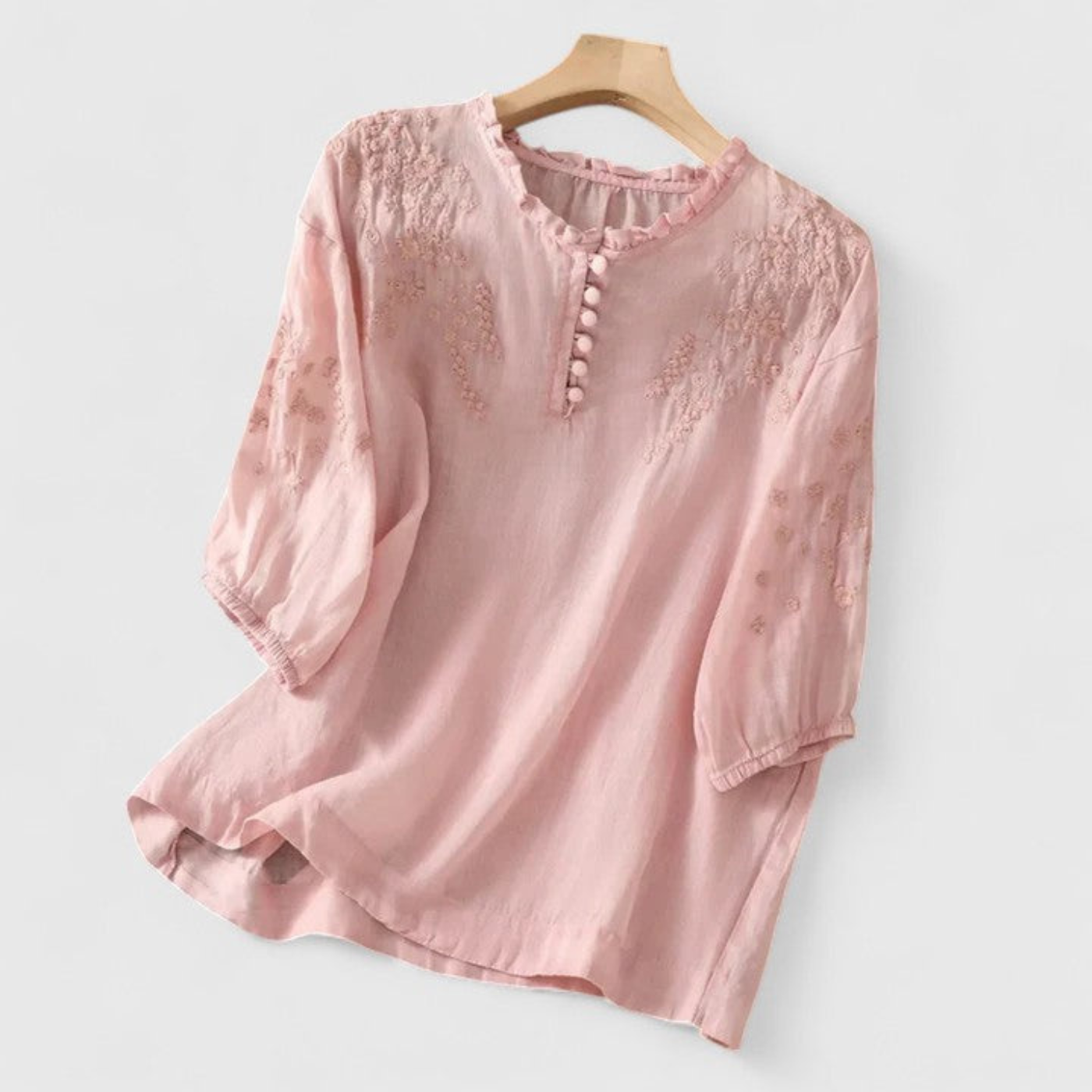 Women’s Embroidered Linen Blouse with Ruffle Collar
