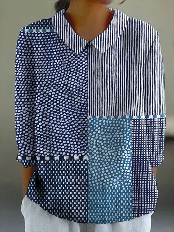 Women’s Patchwork Cotton Blouse with Collared V-Neck