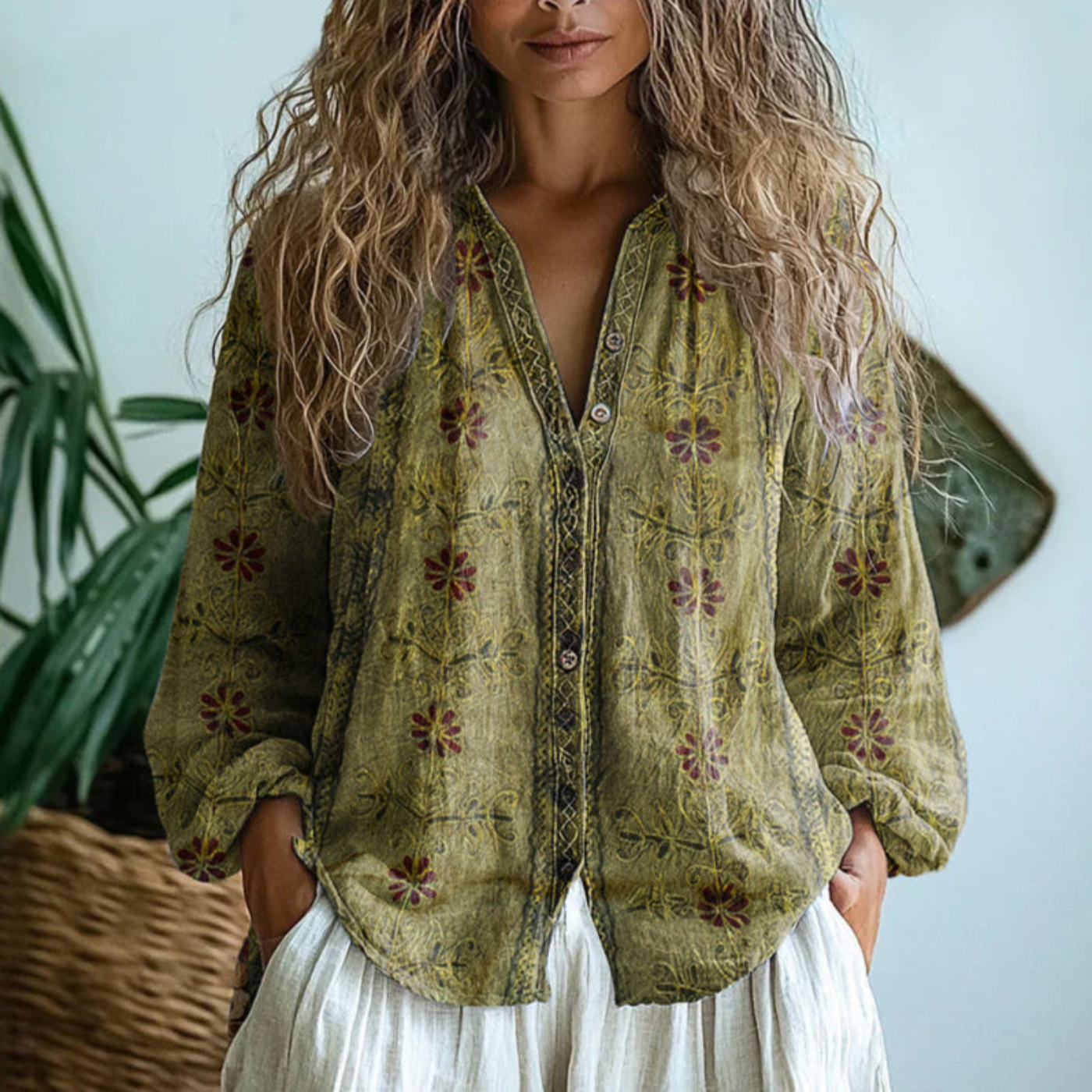 Women’s Linen Button-Down Blouse with Contrast Trim