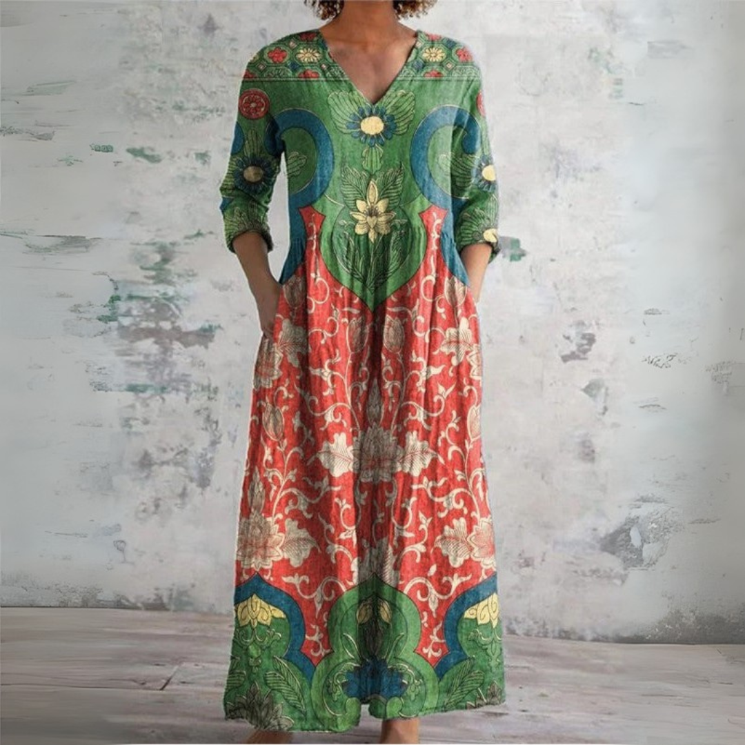 Women’s Ethnic Floral Linen Maxi Dress with Pockets