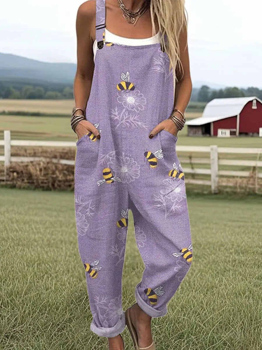 Women's Floral Bee Print Jumpsuit - Comfortable Summer Romper