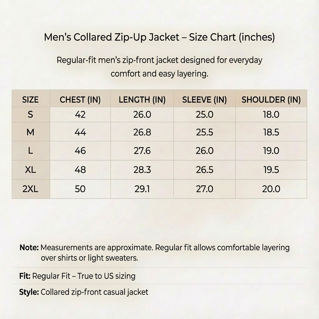Men's Classic Collared Zip-Front Jacket - Regular Fit Casual Outerwear