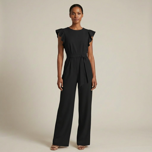 Sophia - Elegant Ruffle Sleeve Jumpsuit - Belted Wide-Leg Evening Romper