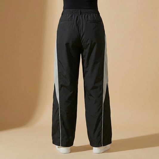 Riley - Women's Parachute Trousers - Black & Grey Colourblock Wide-Leg Streetwear Pants