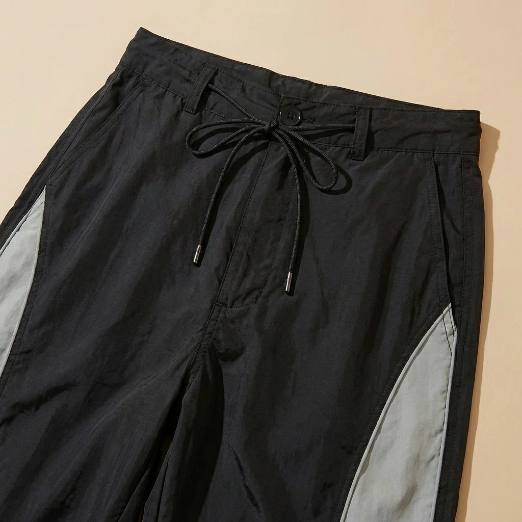 Riley - Women's Parachute Trousers - Black & Grey Colourblock Wide-Leg Streetwear Pants
