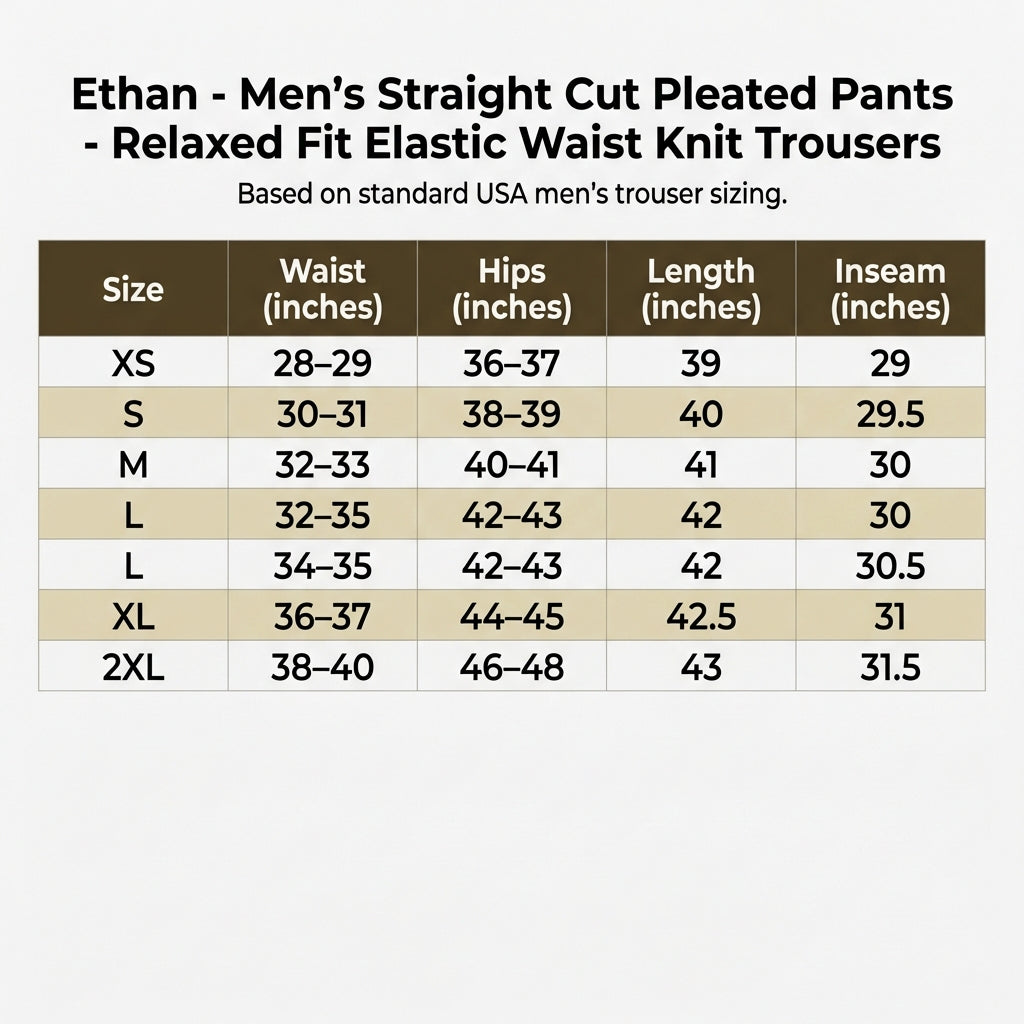 Ethan - Men's Straight Cut Pleated Pants - Relaxed Fit Elastic Waist Knit Trousers