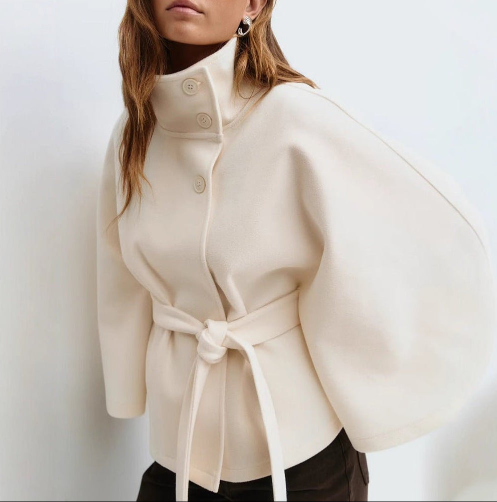 Women’s White Wool Blend Statement Jacket with High Collar