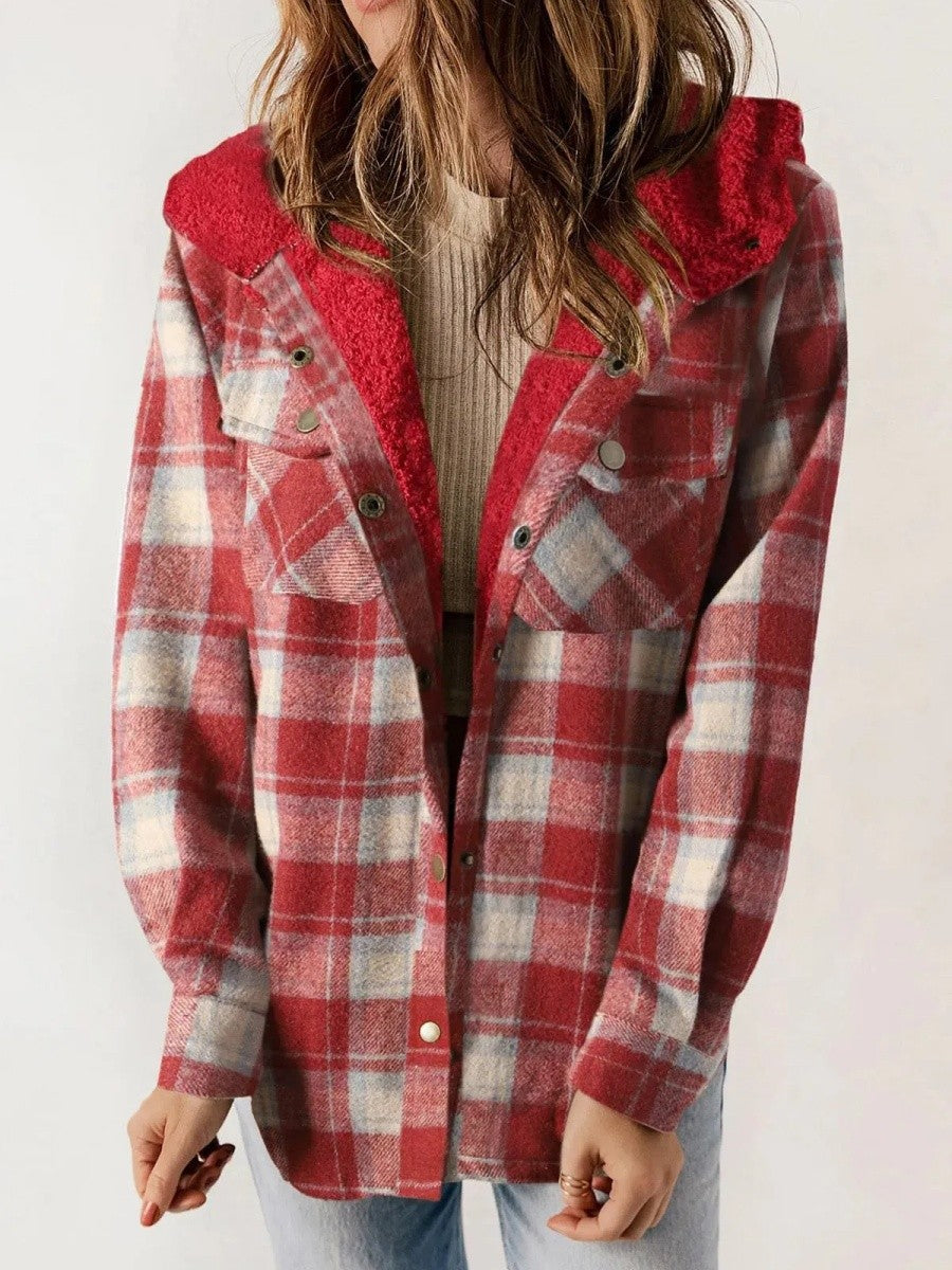 Women's Hooded Plaid Button-Down Jacket
