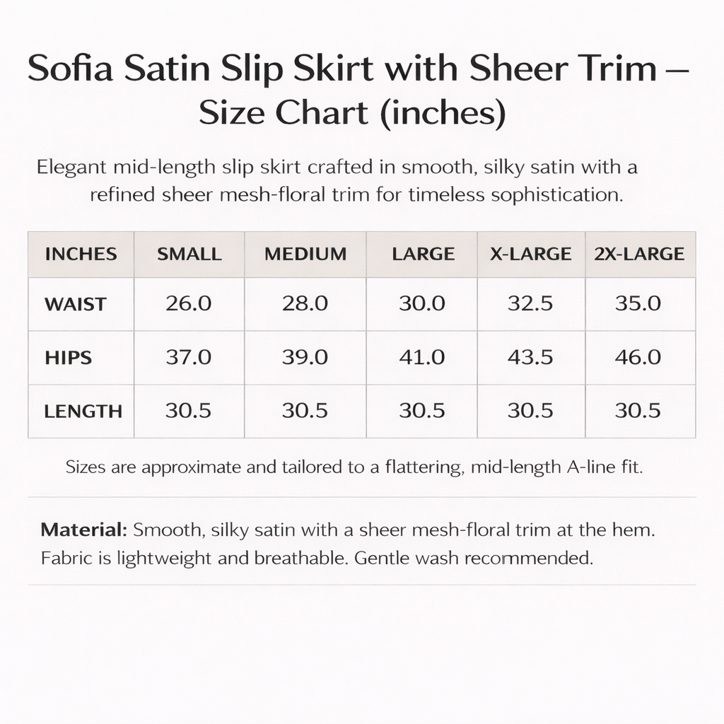 Sofia Satin Slip Skirt with Sheer Trim for Women – Elegant Mid-Length Fit