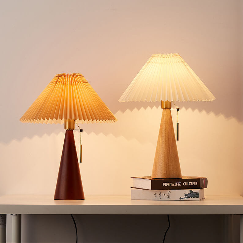 Japanese Minimalist Table Lamp – Wooden Base with Pleated Fabric Shade