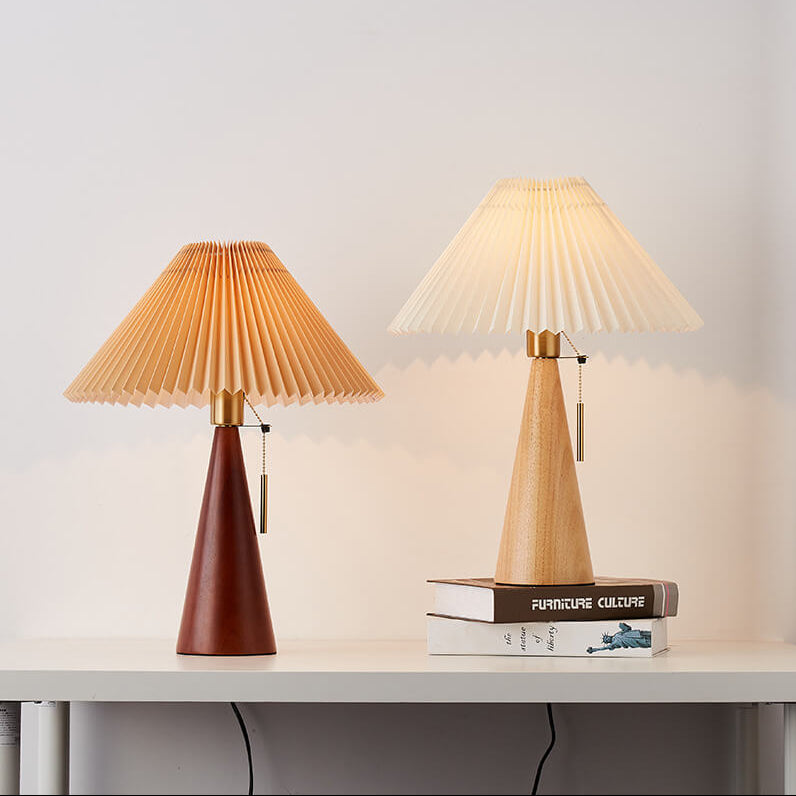 Japanese Minimalist Table Lamp – Wooden Base with Pleated Fabric Shade