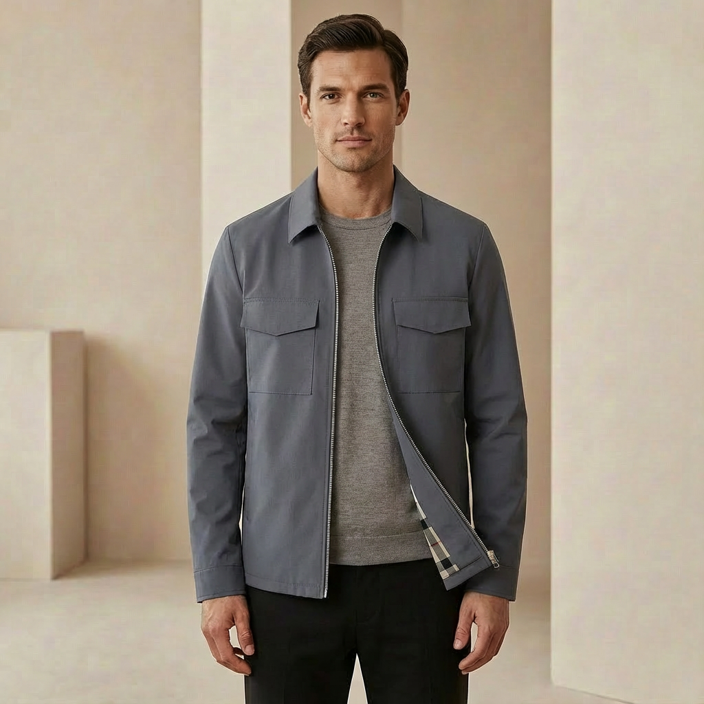 Men's Classic Collared Zip-Front Jacket - Regular Fit Casual Outerwear