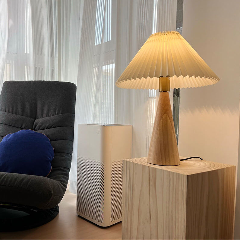 Japanese Minimalist Table Lamp – Wooden Base with Pleated Fabric Shade