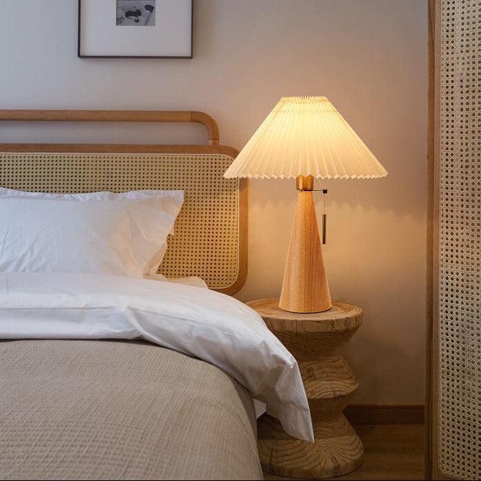 Japanese Minimalist Table Lamp – Wooden Base with Pleated Fabric Shade