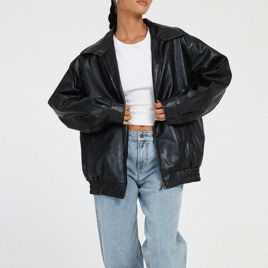Women’s Oversized Faux Leather Bomber Jacket