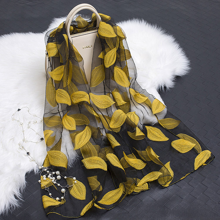 Silk Organza Floral Scarf - Hollow Cutout Elegant Women Shawl