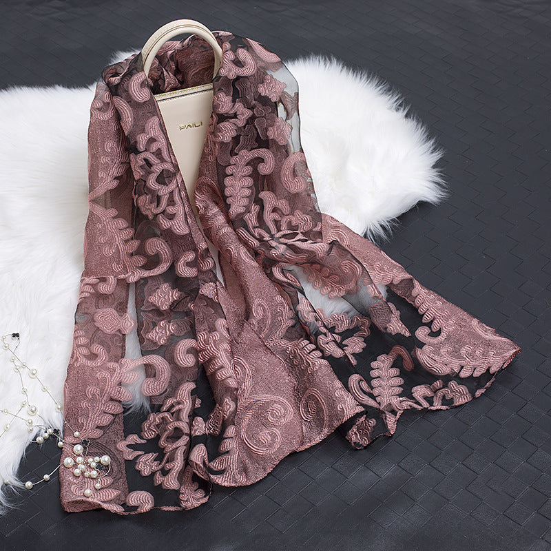Silk Organza Floral Scarf - Hollow Cutout Elegant Women Shawl
