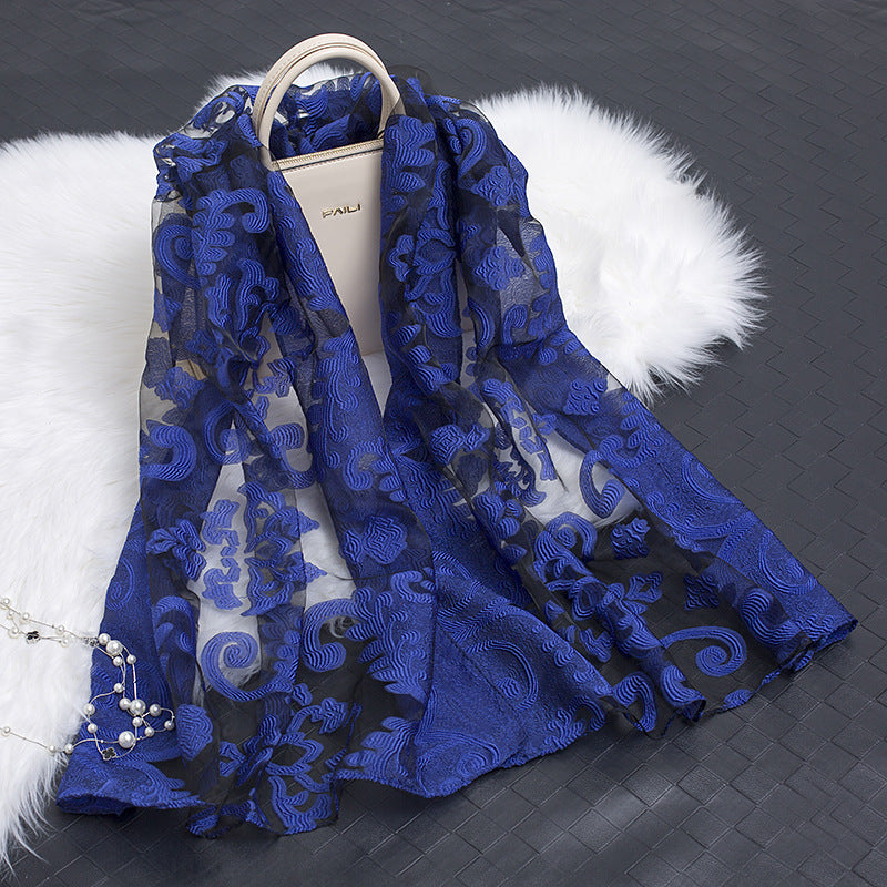 Silk Organza Floral Scarf - Hollow Cutout Elegant Women Shawl