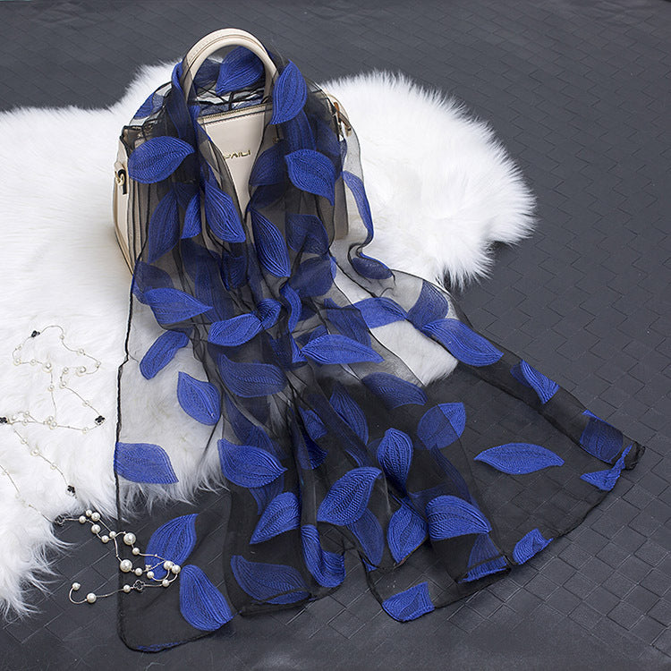 Silk Organza Floral Scarf - Hollow Cutout Elegant Women Shawl