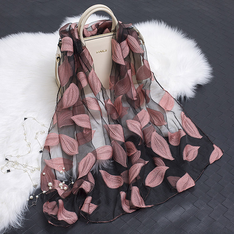 Silk Organza Floral Scarf - Hollow Cutout Elegant Women Shawl