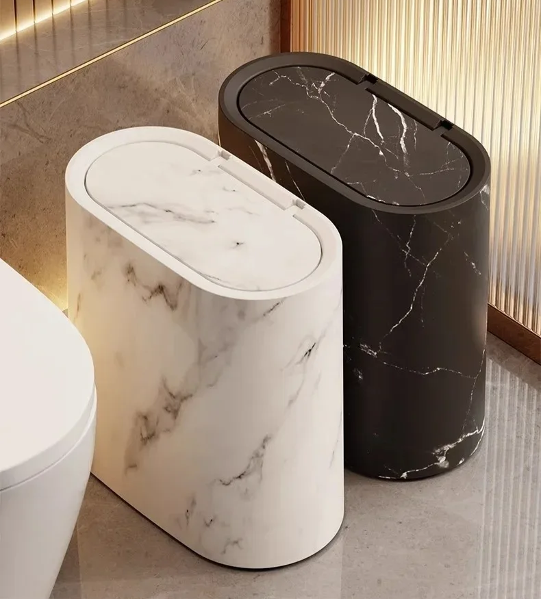 Nordic Marble Trash Can - Slim Push Top Wastebasket Bathroom WC