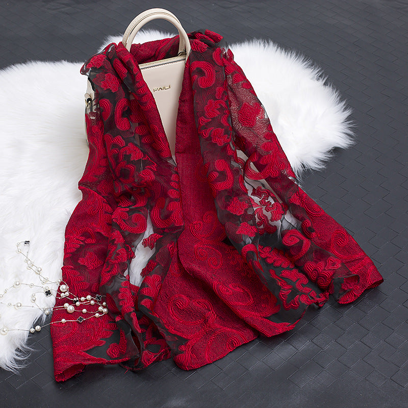Silk Organza Floral Scarf - Hollow Cutout Elegant Women Shawl