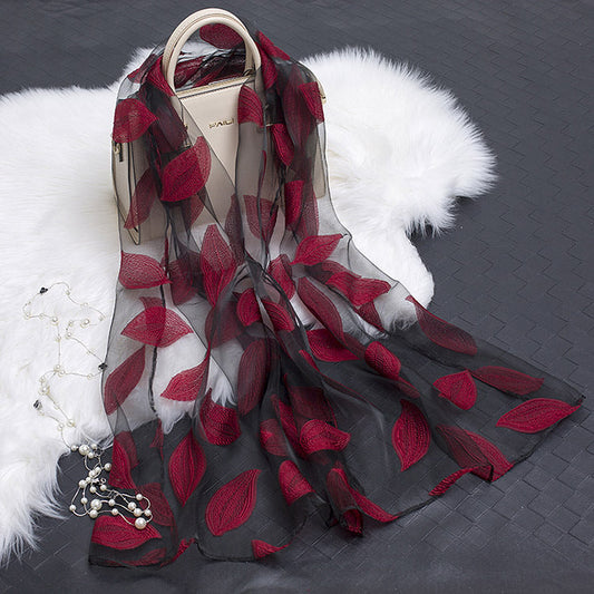 Silk Organza Floral Scarf - Hollow Cutout Elegant Women Shawl
