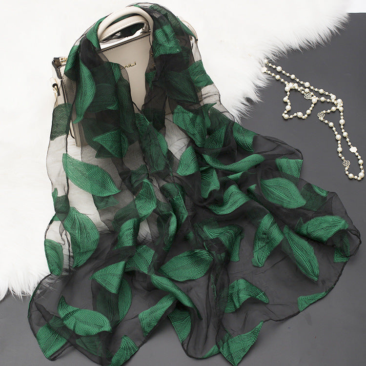 Silk Organza Floral Scarf - Hollow Cutout Elegant Women Shawl