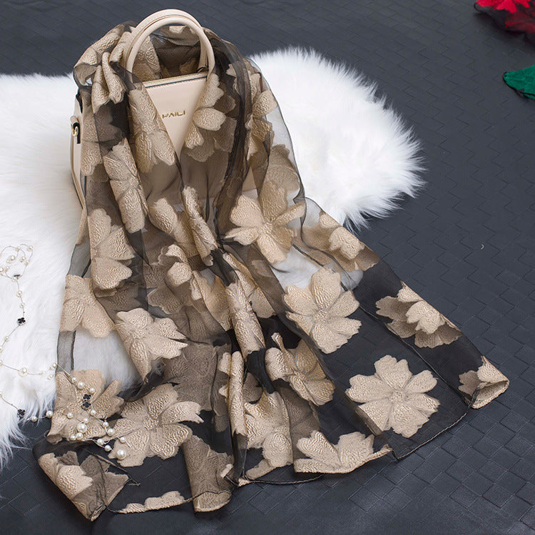 Silk Organza Floral Scarf - Hollow Cutout Elegant Women Shawl