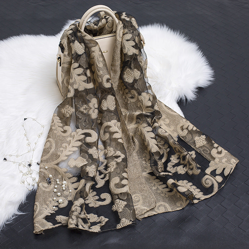 Silk Organza Floral Scarf - Hollow Cutout Elegant Women Shawl