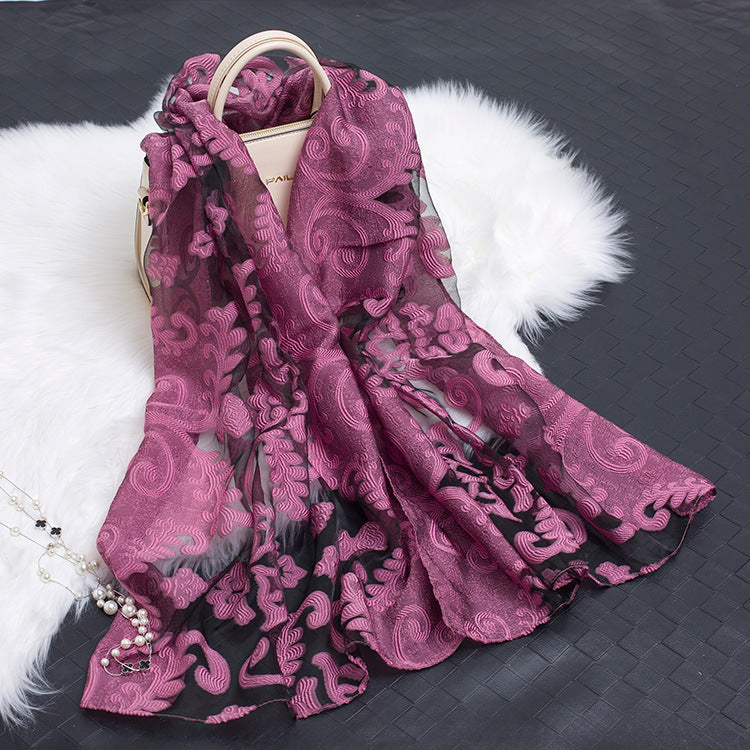 Silk Organza Floral Scarf - Hollow Cutout Elegant Women Shawl
