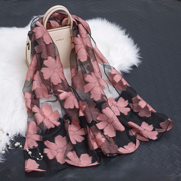 Silk Organza Floral Scarf - Hollow Cutout Elegant Women Shawl
