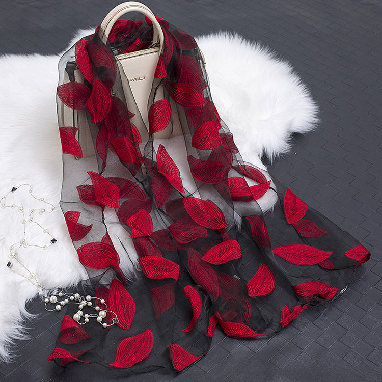 Silk Organza Floral Scarf - Hollow Cutout Elegant Women Shawl