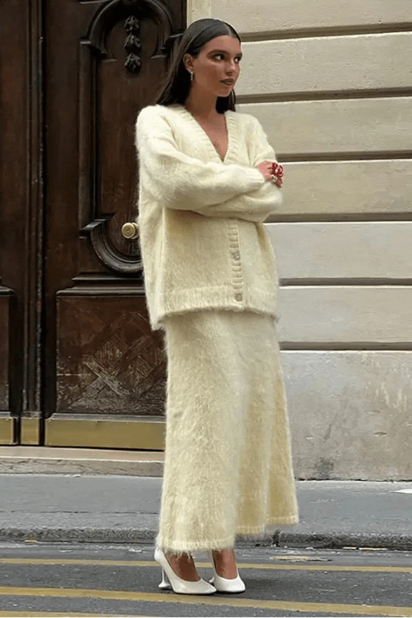 Women’s Knit Cardigan & Maxi Skirt Set – Elegant V-Neck Co-Ord Outfit