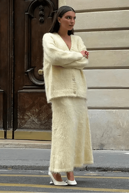 Women’s Knit Cardigan & Maxi Skirt Set – Elegant V-Neck Co-Ord Outfit