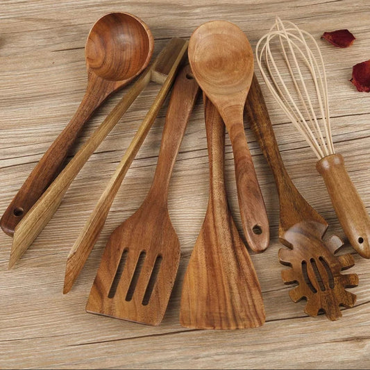 Minimalist Wooden Cooking Utensils Set – 7-Piece Non-Scratch Kitchen Tool Set