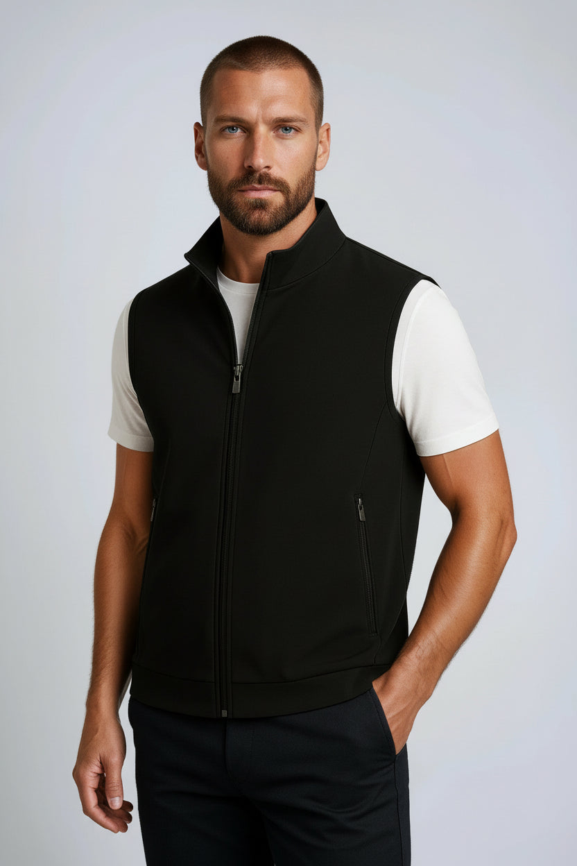 Men's Black Zip-Up Vest - Stand Collar & Pockets