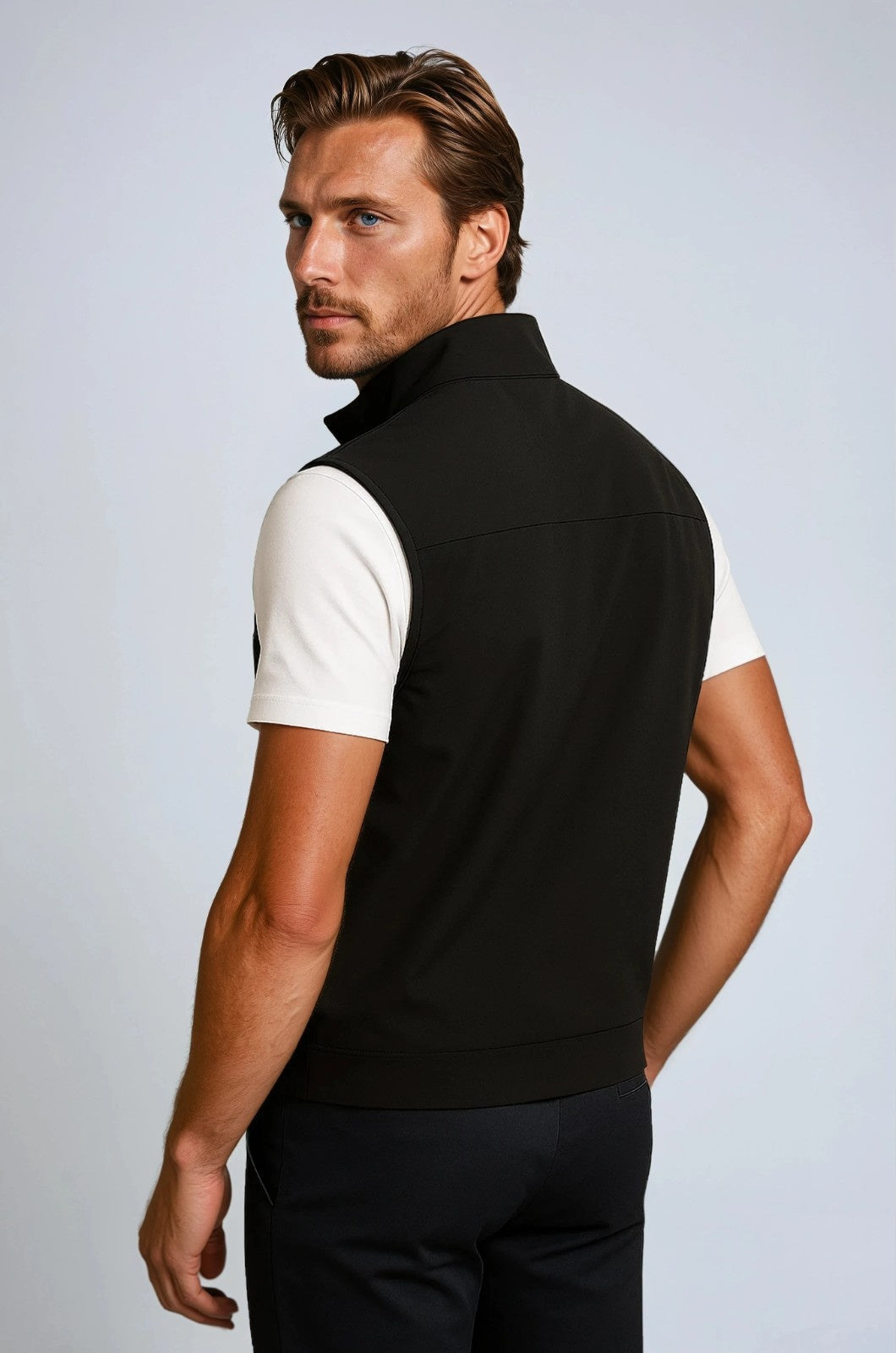 Men's Black Zip-Up Vest - Stand Collar & Pockets