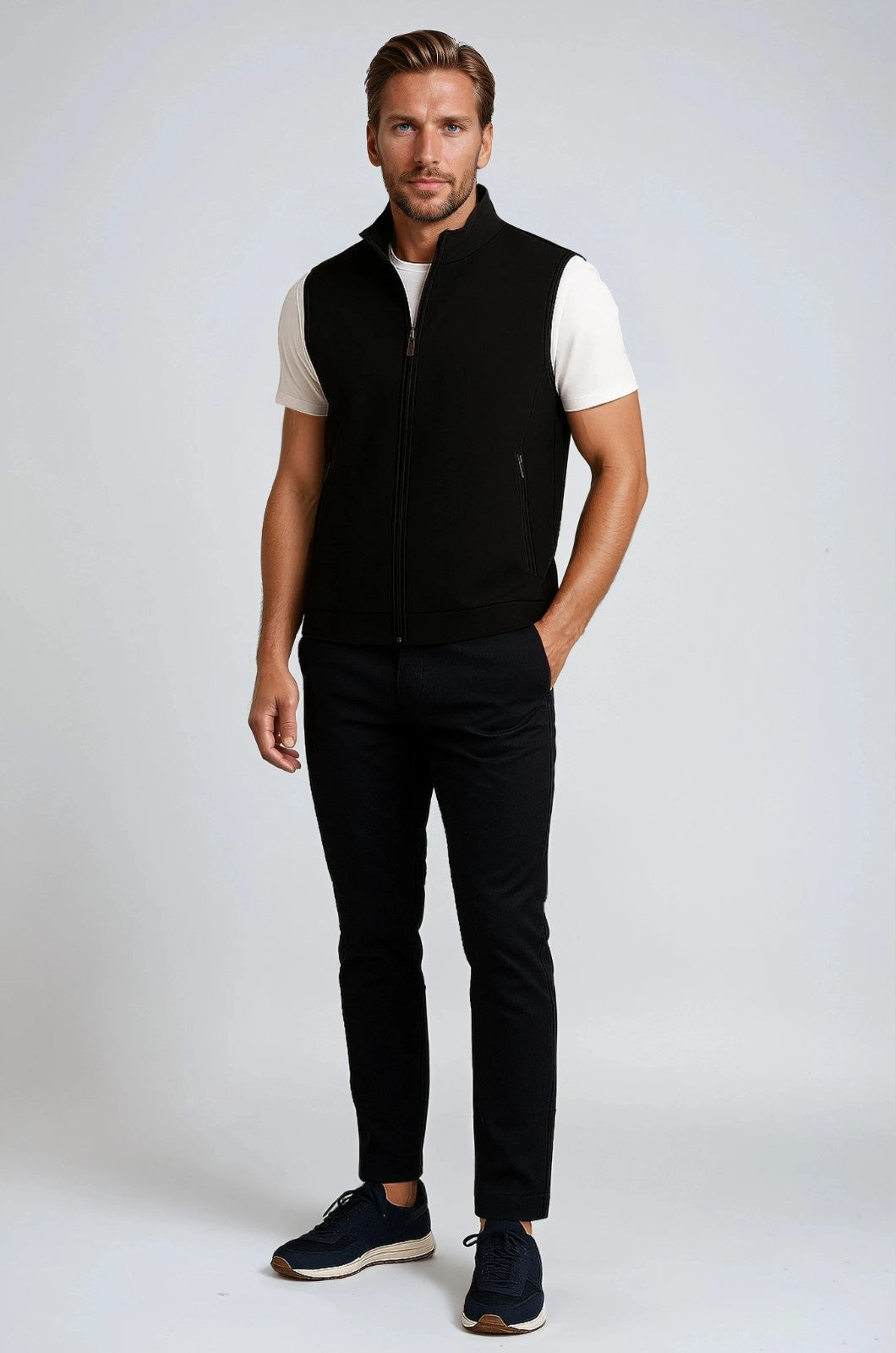 Men's Black Zip-Up Vest - Stand Collar & Pockets