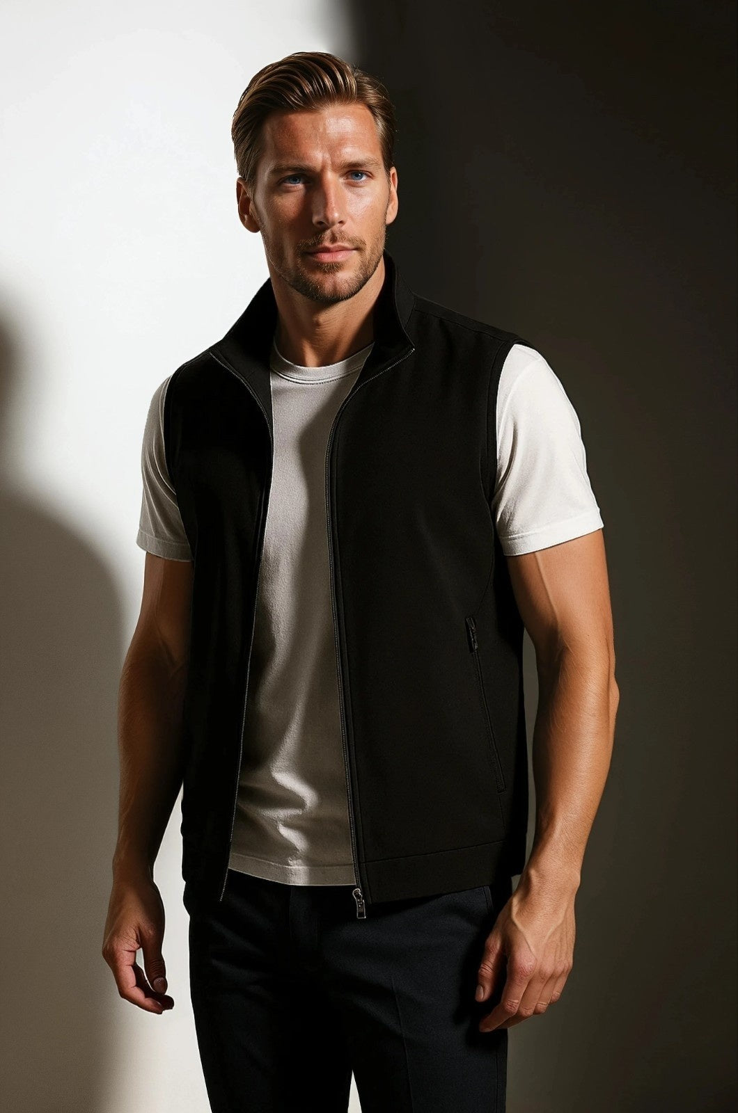 Men's Black Zip-Up Vest - Stand Collar & Pockets