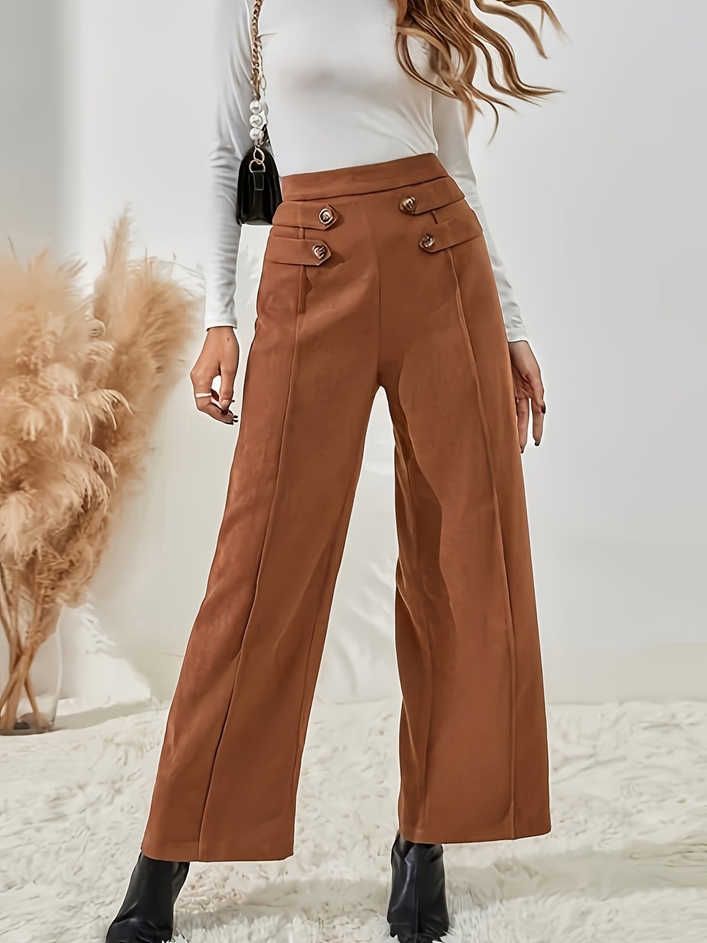 Clara – High-Waist Wide Leg Pants with Button Detail